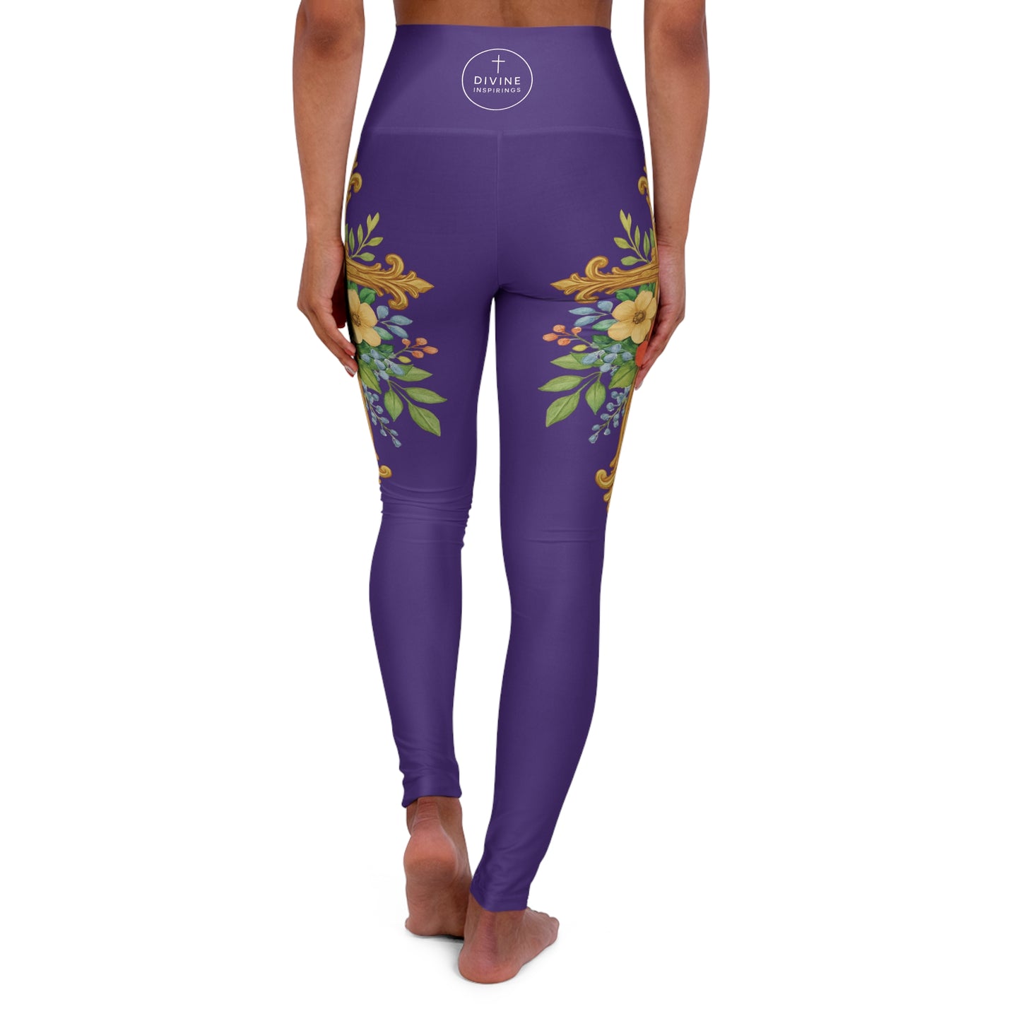 Floral Cross Graceful Fit High-Waisted Leggings in Purple - Christian Women's Apparel