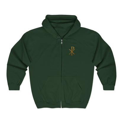 Radiant Faith Women's Zip-Up Hoodie with Gold Chi Rho Design