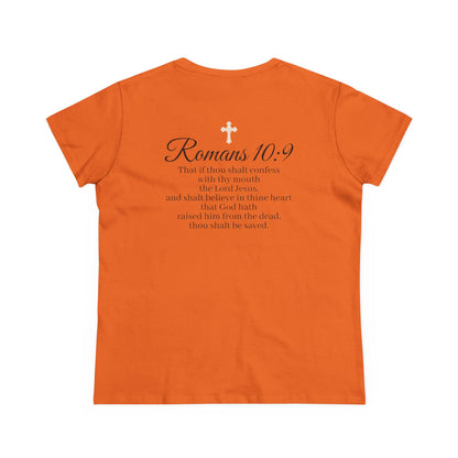 Believe – Women’s Christian Tee with Praying Hands & Romans 10:9
