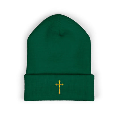 Golden Grace Cuffed Beanie – Embroidered Cross