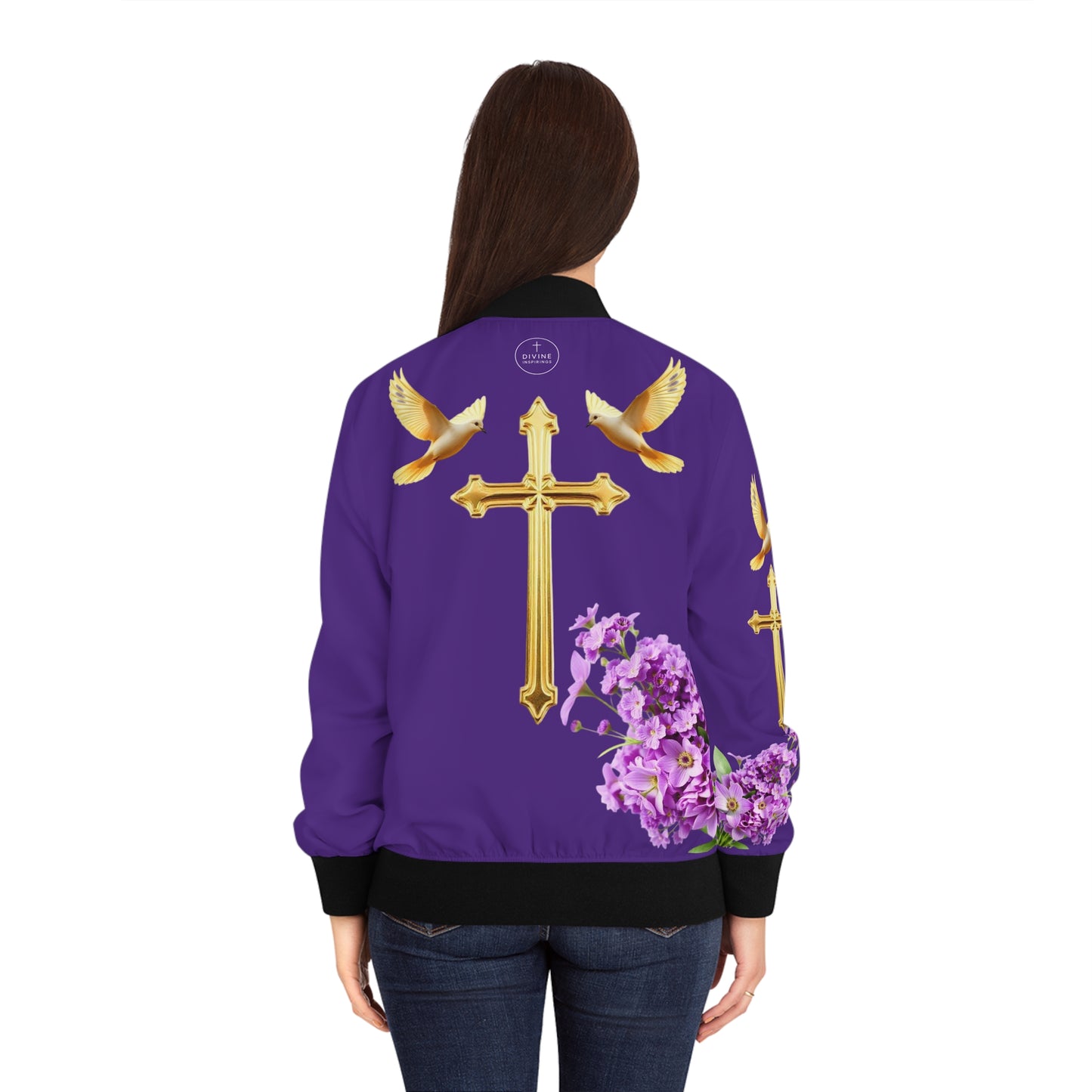 Heavenly Ascent – Gold Cross & Doves Women’s Bomber Jacket in Purple