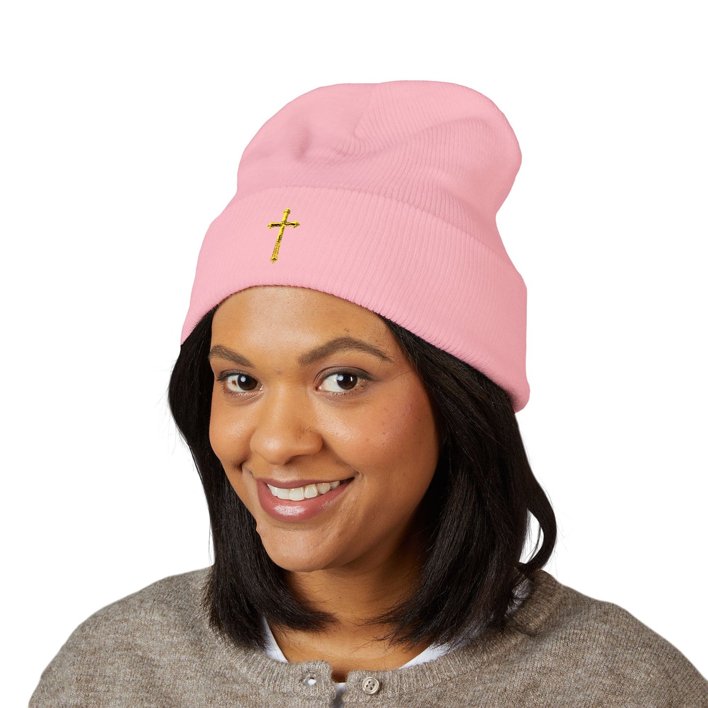 Golden Grace Cuffed Beanie – Embroidered Cross