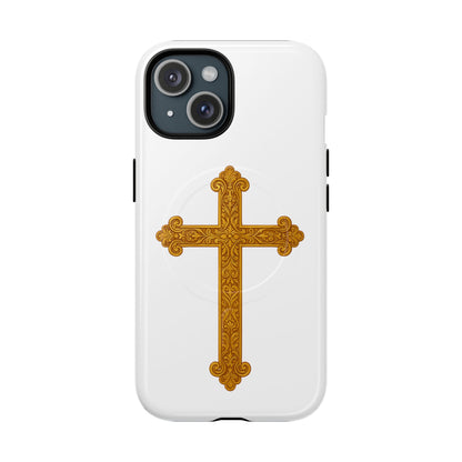 Gold Cross on White Magnetic Tough Case for iPhone – Strength in Faith