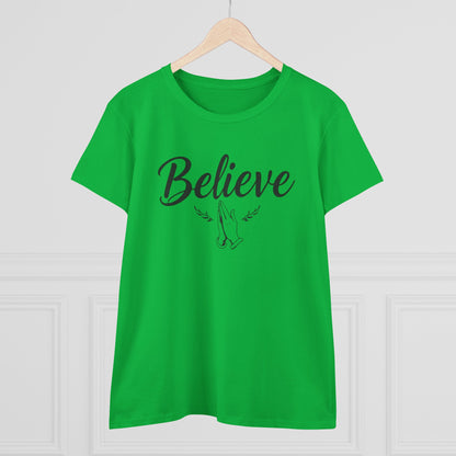 Believe – Women’s Christian Tee with Praying Hands & Romans 10:9