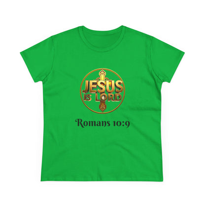 Women’s Romans 10:9 Christian T-Shirt – Jesus Is Lord & He Is Risen (Dark Lettering)