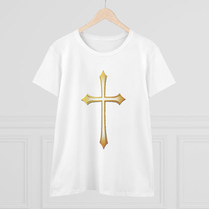 Women’s Gold Cross Tee – Christian Faith Shirt with Bold Cross Design