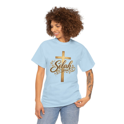 Selah Cross Tee — Women's Christian T‑Shirt with Gold Script