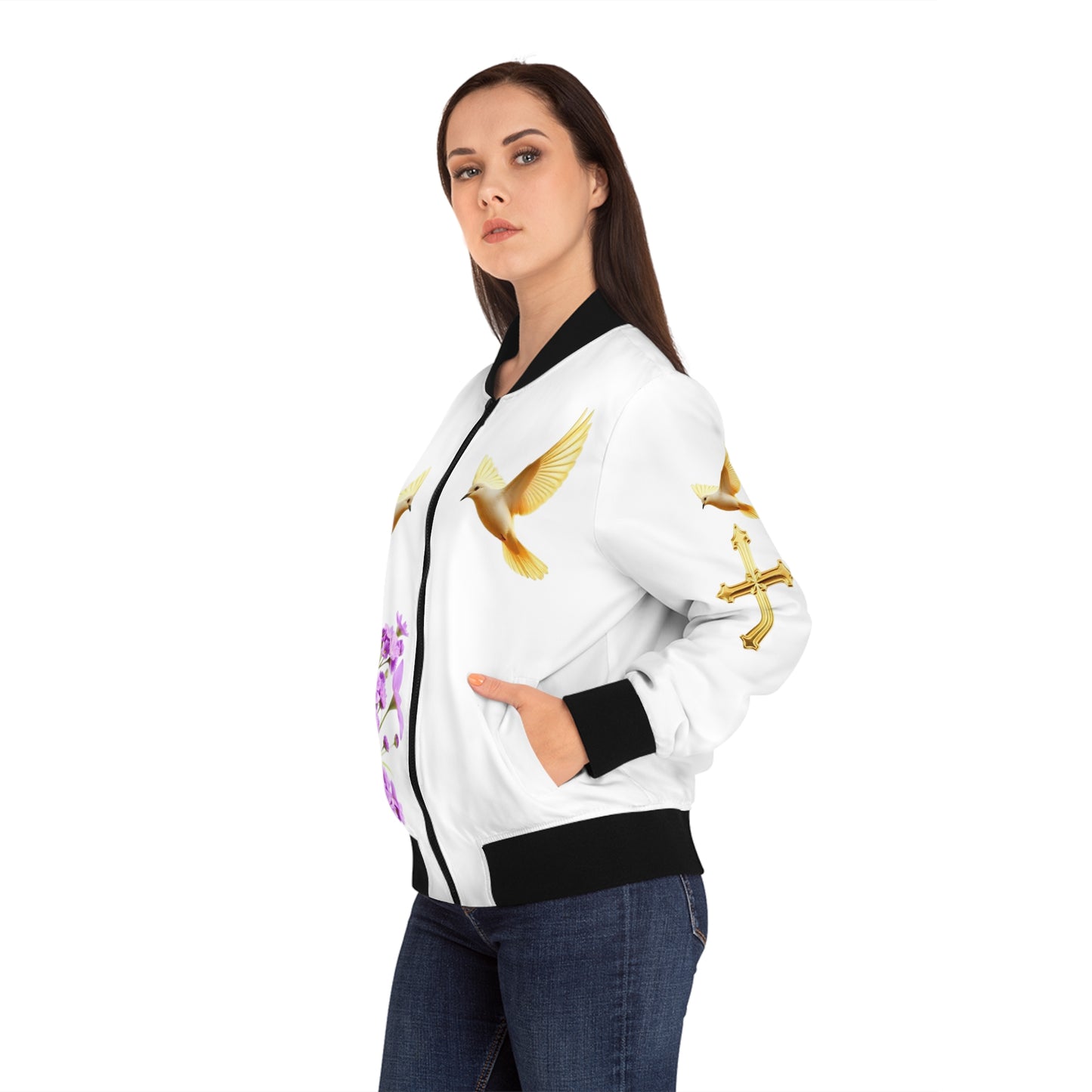 Heavenly Ascent – Gold Cross & Doves Women’s Bomber Jacket