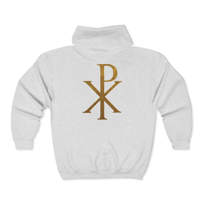 Radiant Faith Women's Zip-Up Hoodie with Gold Chi Rho Design