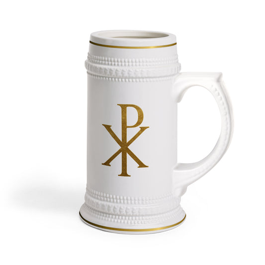 Gold Chi Rho Christian Beer Stein – 22 oz Ceramic Faith Stein