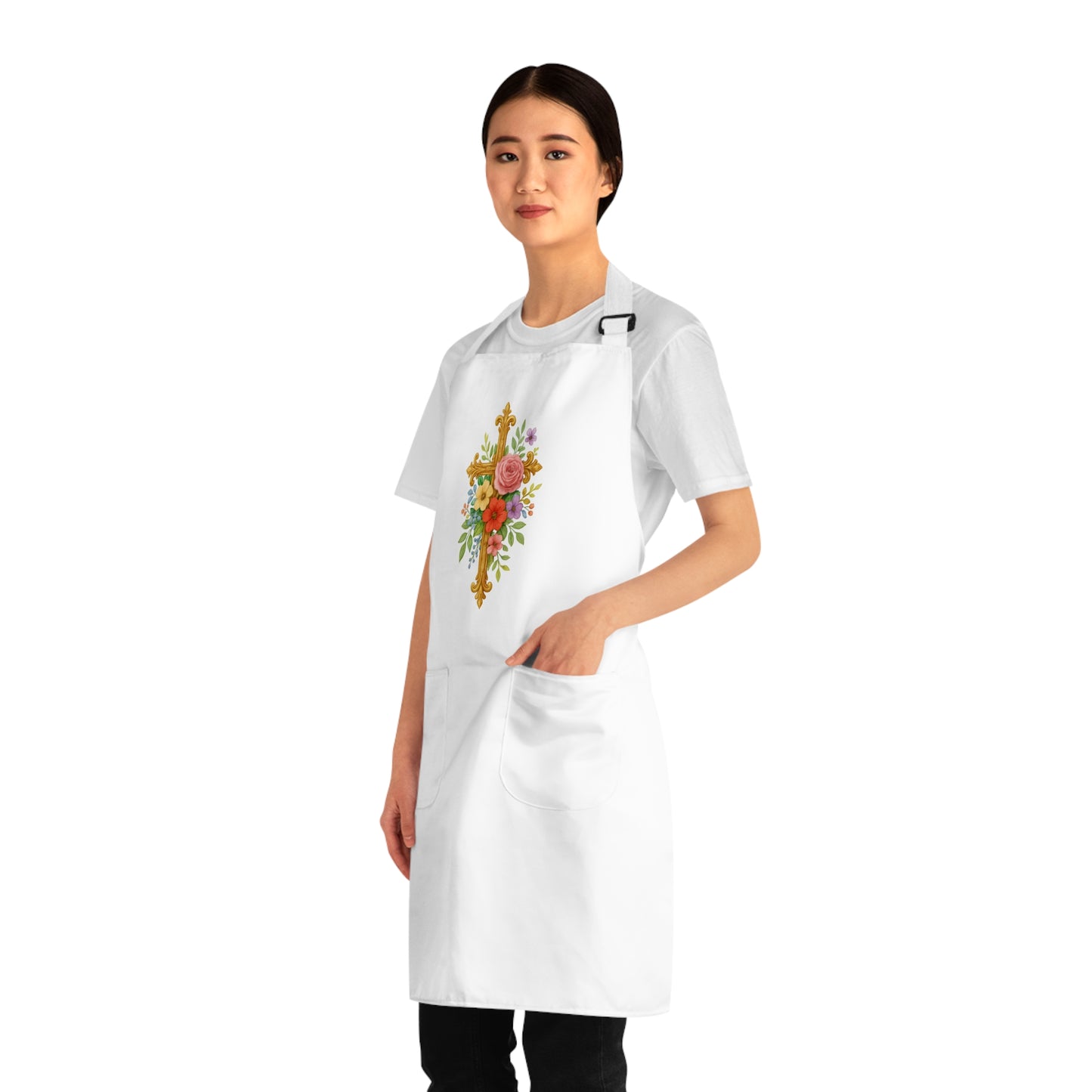 Floral Cross Christian Kitchen Apron – Faith & Beauty in Every Meal