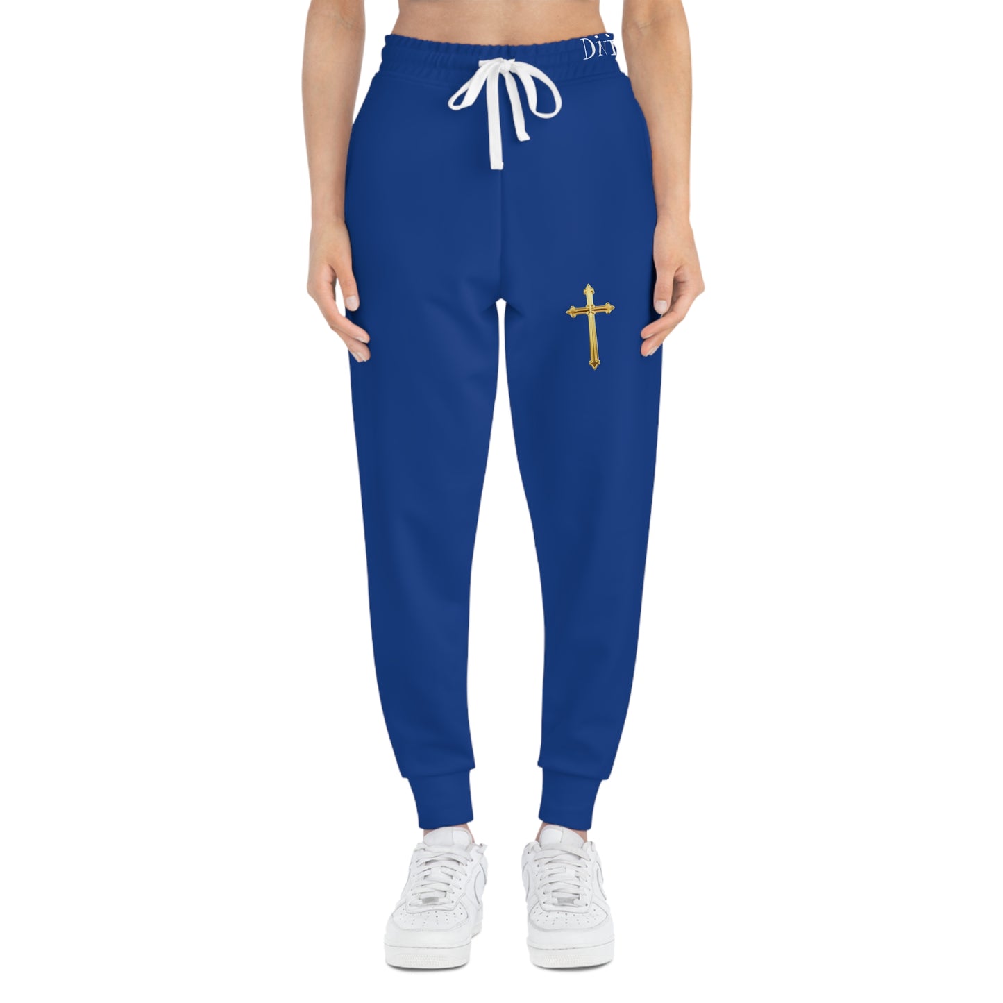 Golden Grace Women's Jogging Pants in Blue with Gold Cross Design
