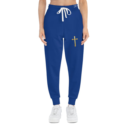 Golden Grace Women's Jogging Pants in Blue with Gold Cross Design