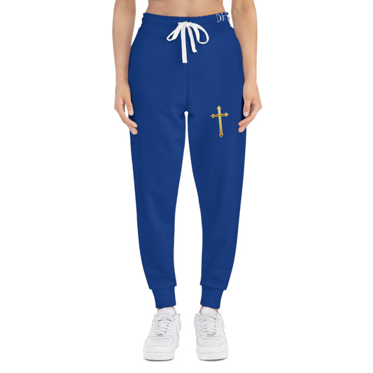 Golden Grace Women's Jogging Pants in Blue with Gold Cross Design