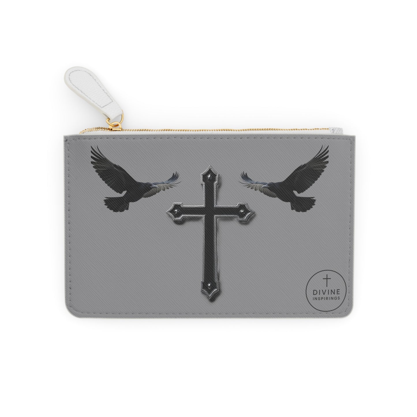 “Shadowed Faith” | Women’s Mini Clutch in Grey – Black Cross with Flanking Crows