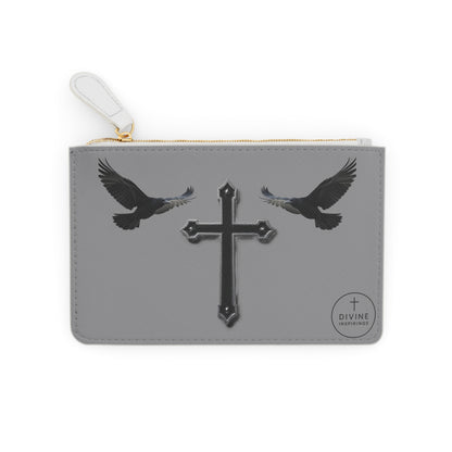“Shadowed Faith” | Women’s Mini Clutch in Grey – Black Cross with Flanking Crows
