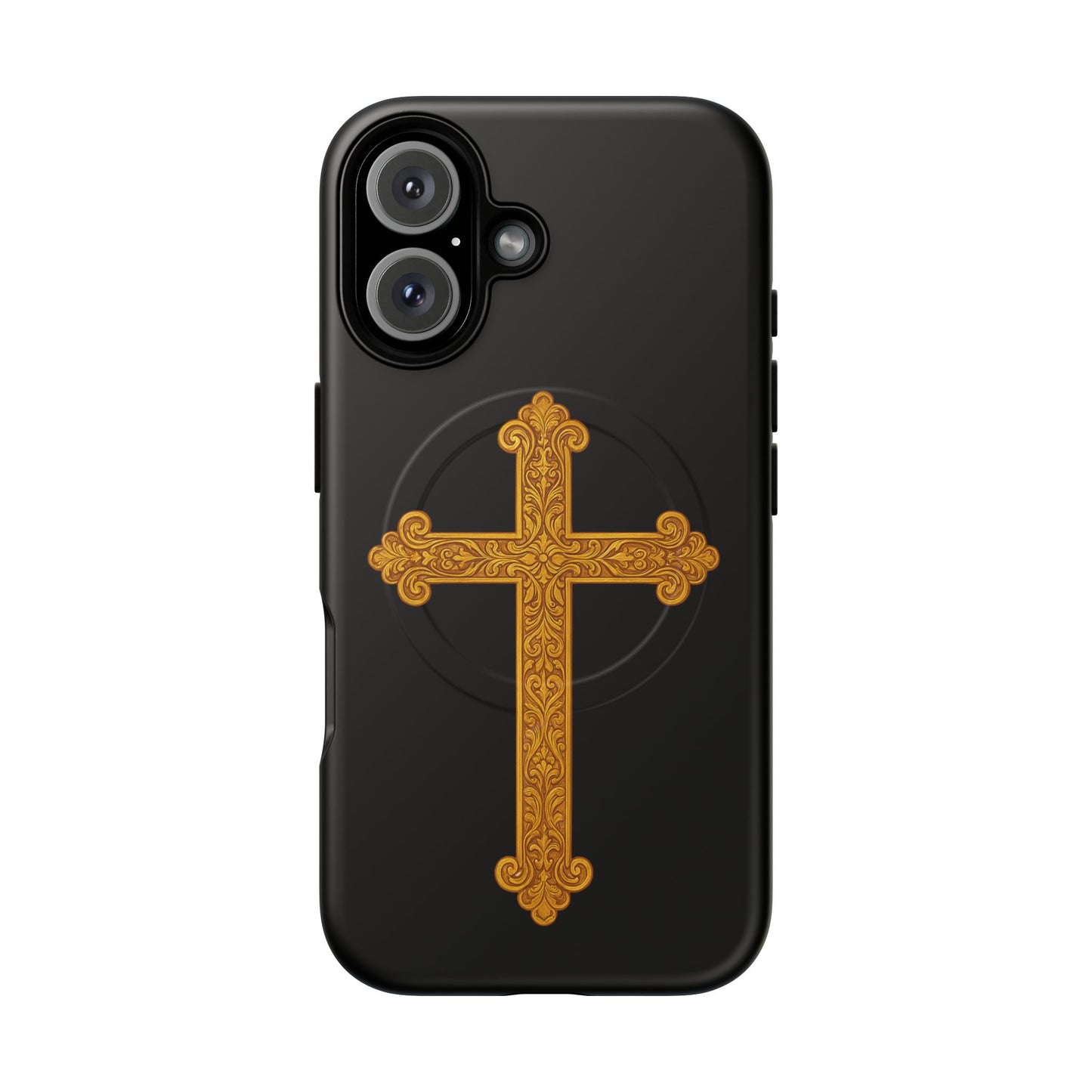 Gold Cross on Black Magnetic Tough Case for iPhone – Strength in Faith