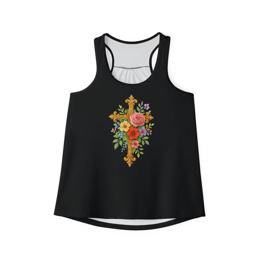 Floral Cross Women’s Christian Tank Top in Black – Beauty in the Power of the Cross