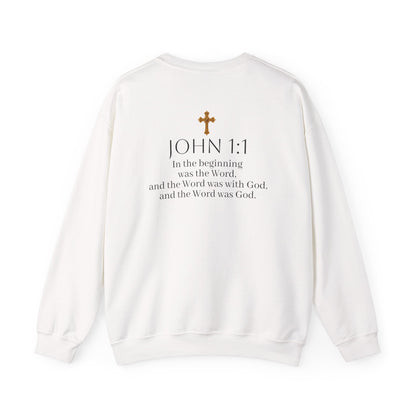 “The Word Eternal” – Men’s Christian Sweatshirt with Bold Dark Lettering (John 1:1)