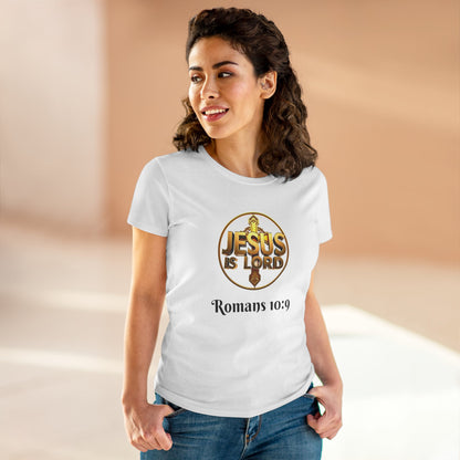 Women’s Romans 10:9 Christian T-Shirt – Jesus Is Lord & He Is Risen (Dark Lettering)