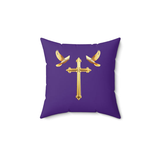 Soaring in Faith in Purple – Gold Cross & Doves Throw Pillow