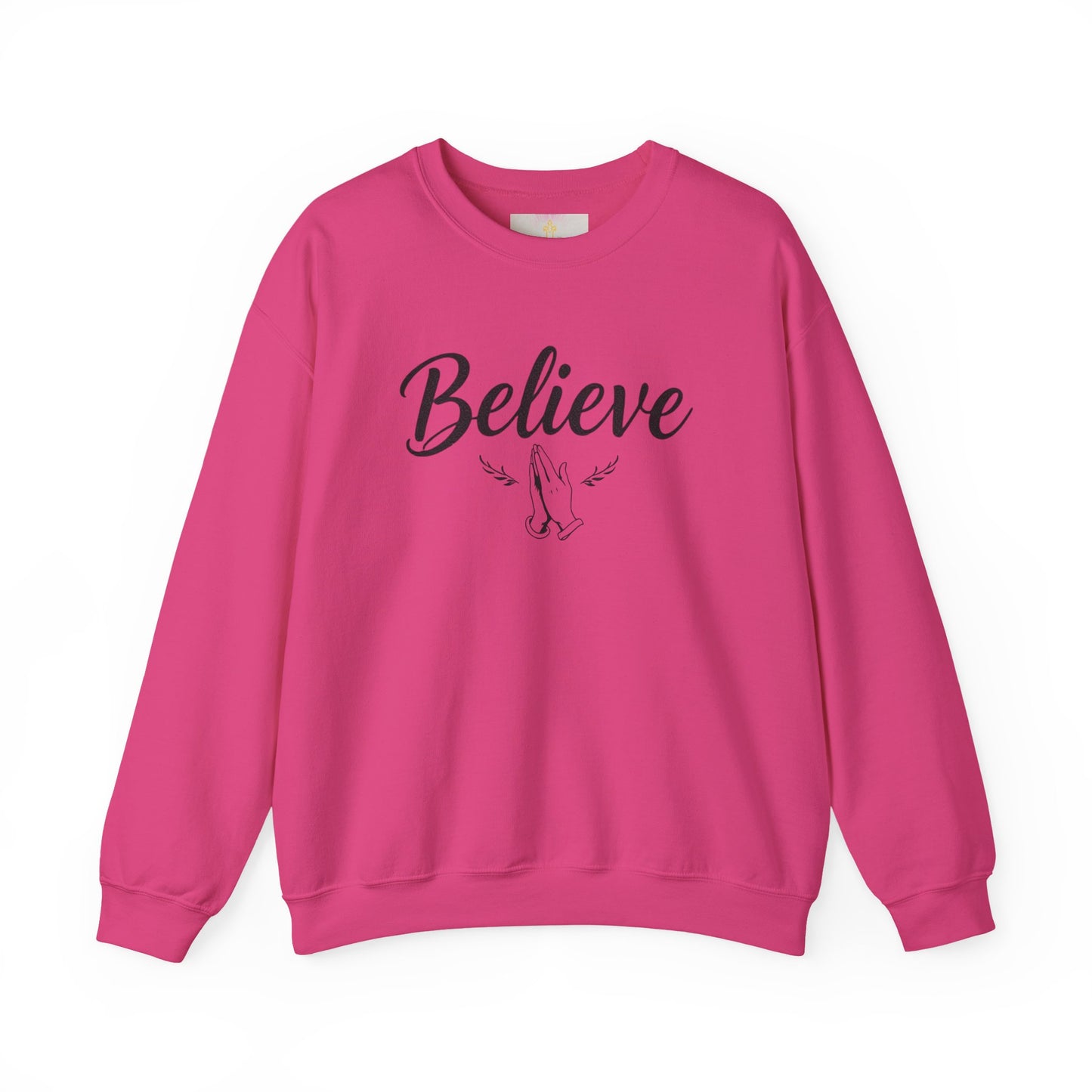Women’s Believe Christian Sweatshirt – Praying Hands & Romans 10:9