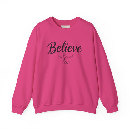 Women’s Believe Christian Sweatshirt – Praying Hands & Romans 10:9