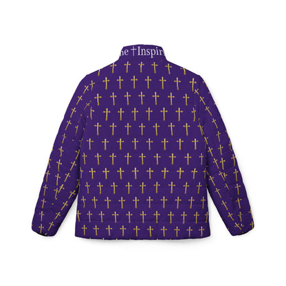 Golden Light Women’s Puffer Jacket in Purple – All-Over Cross Pattern