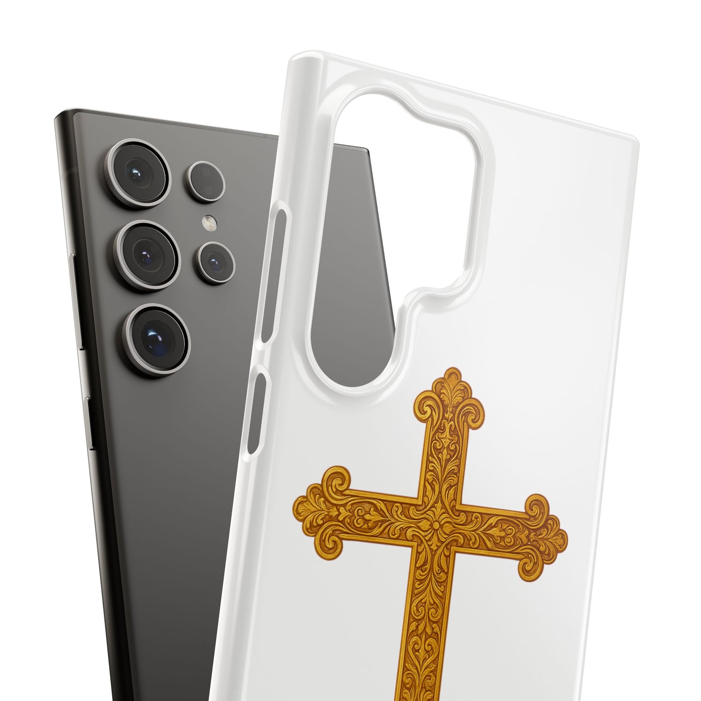 White Samsung Snap Case – Gold Cross Design