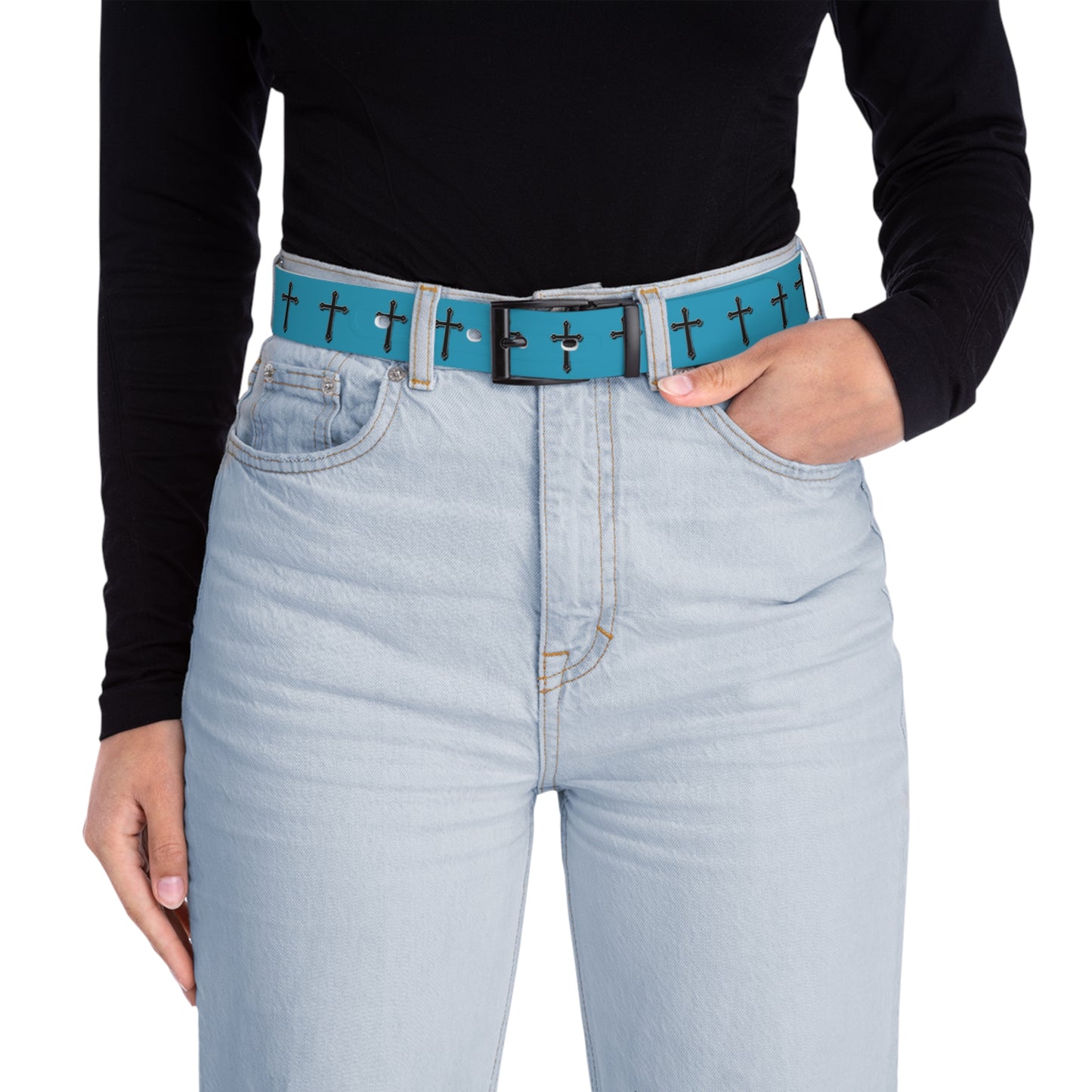 Shield of Faith Belt in Turquoise – Black Cross Pattern