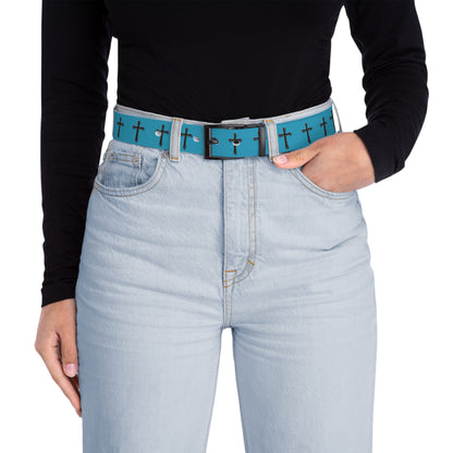 Shield of Faith Belt in Turquoise – Black Cross Pattern