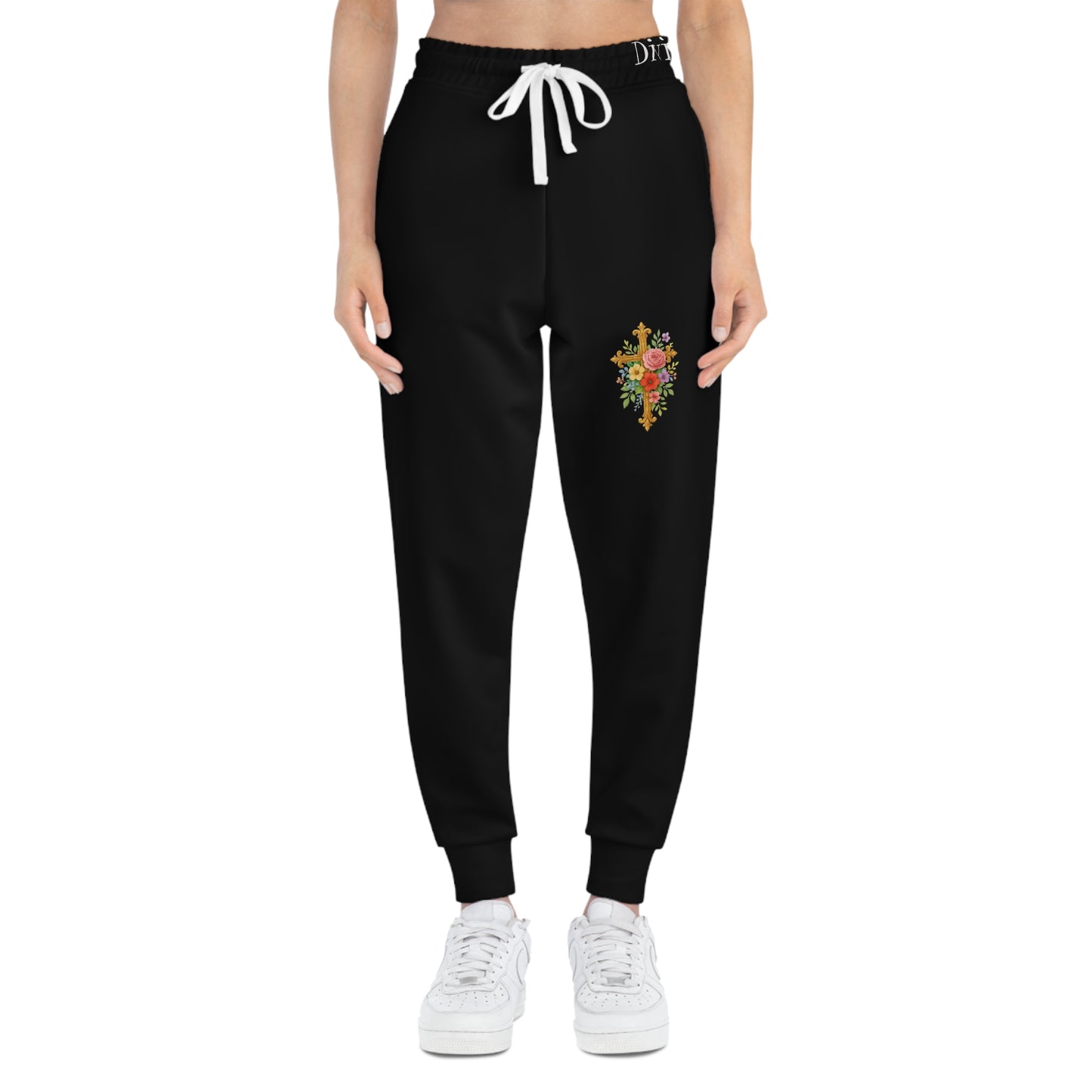 Blooming Faith Women's Jogging Pants in Black with Floral Cross Design