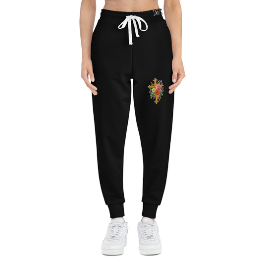 Blooming Faith Women's Jogging Pants in Black with Floral Cross Design