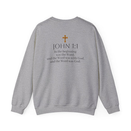 “The Word Eternal” – Men’s Christian Sweatshirt with Bold Dark Lettering (John 1:1)