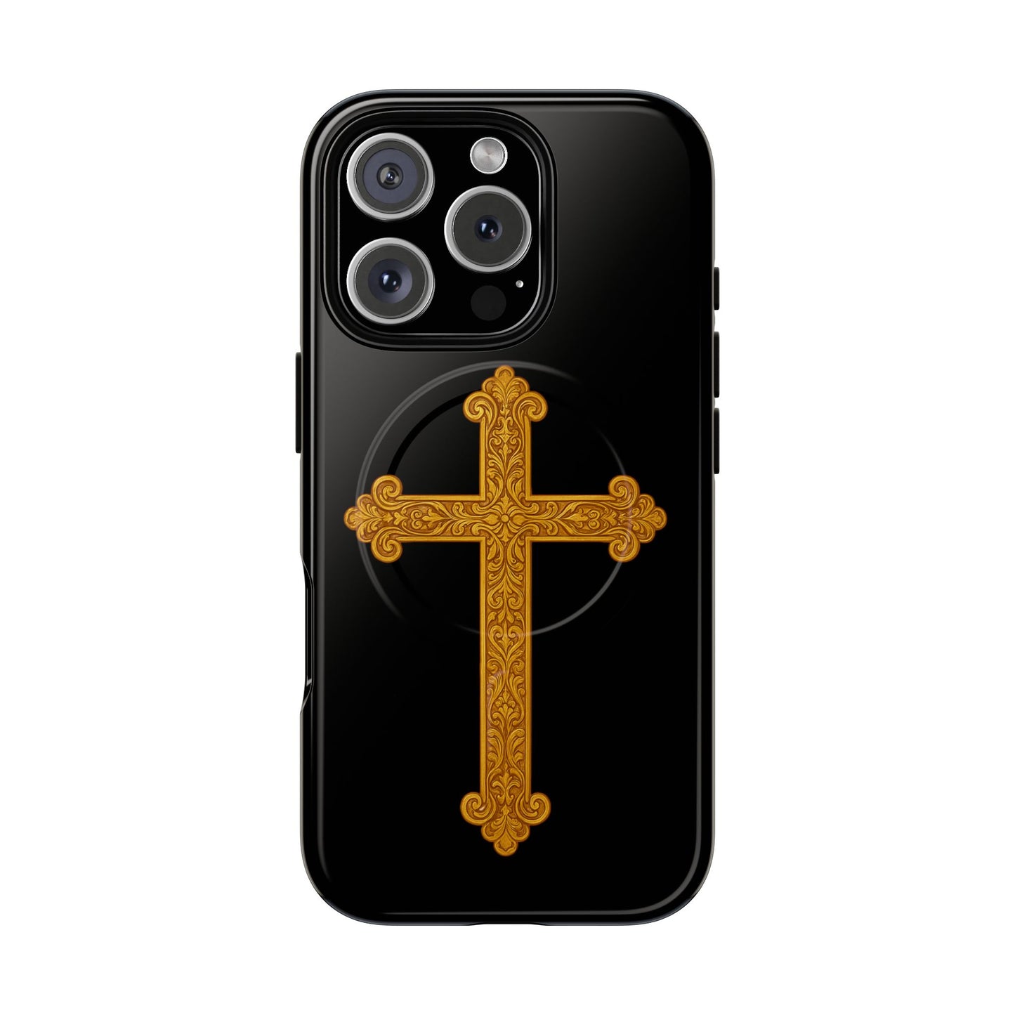 Gold Cross on Black Magnetic Tough Case for iPhone – Strength in Faith
