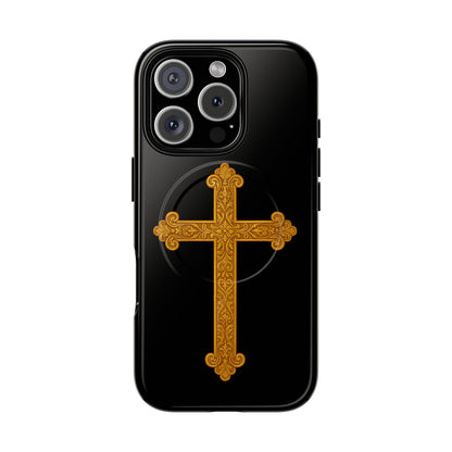 Gold Cross on Black Magnetic Tough Case for iPhone – Strength in Faith