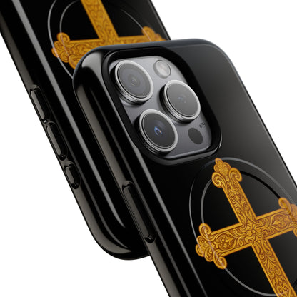 Gold Cross on Black Magnetic Tough Case for iPhone – Strength in Faith