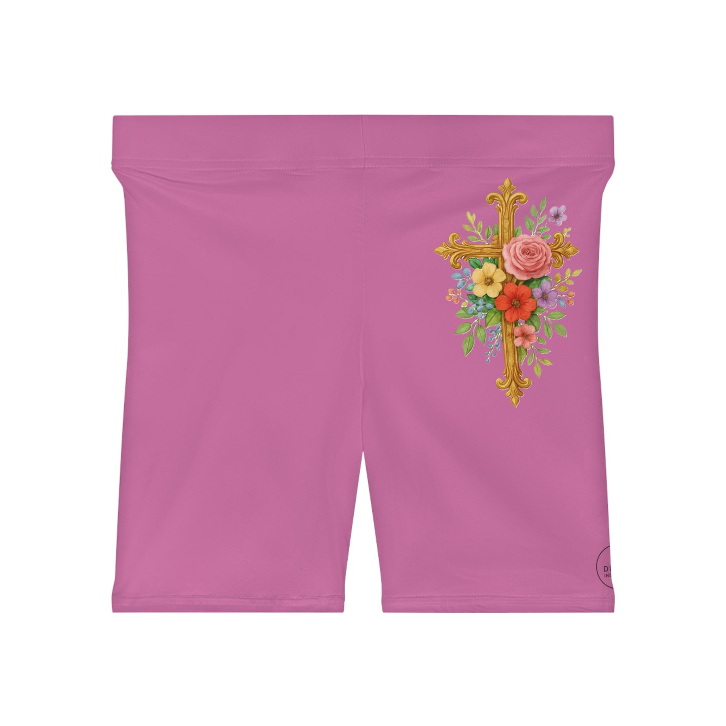 Floral Cross Women’s Biking Shorts in Pink – Beauty and Strength in the Cross