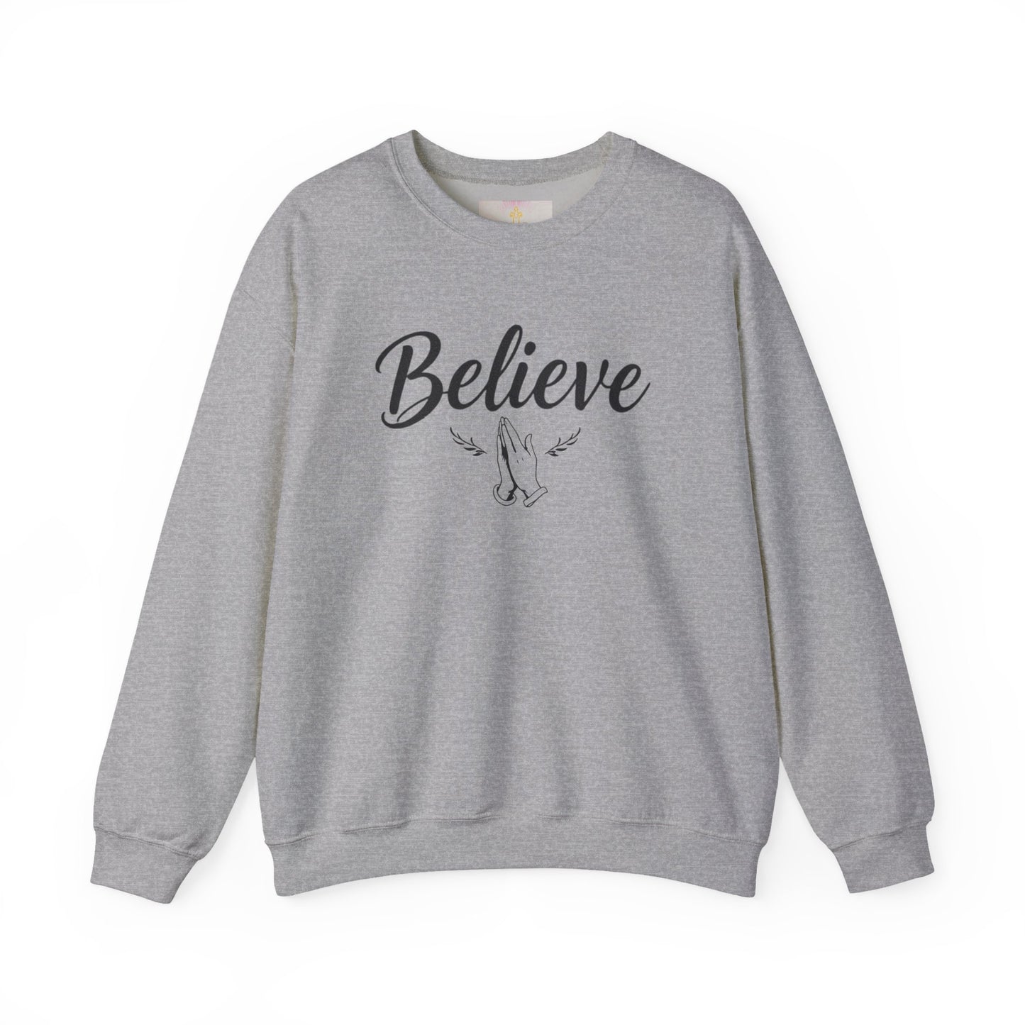Women’s Believe Christian Sweatshirt – Praying Hands & Romans 10:9