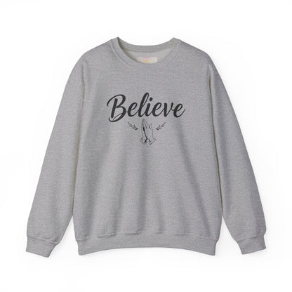 Women’s Believe Christian Sweatshirt – Praying Hands & Romans 10:9
