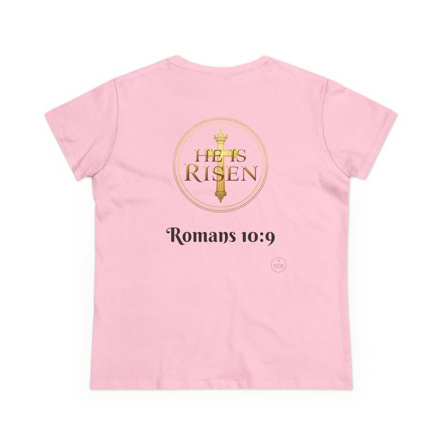 Women’s Romans 10:9 Christian T-Shirt – Jesus Is Lord & He Is Risen (Dark Lettering)