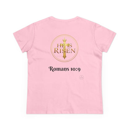 Women’s Romans 10:9 Christian T-Shirt – Jesus Is Lord & He Is Risen (Dark Lettering)
