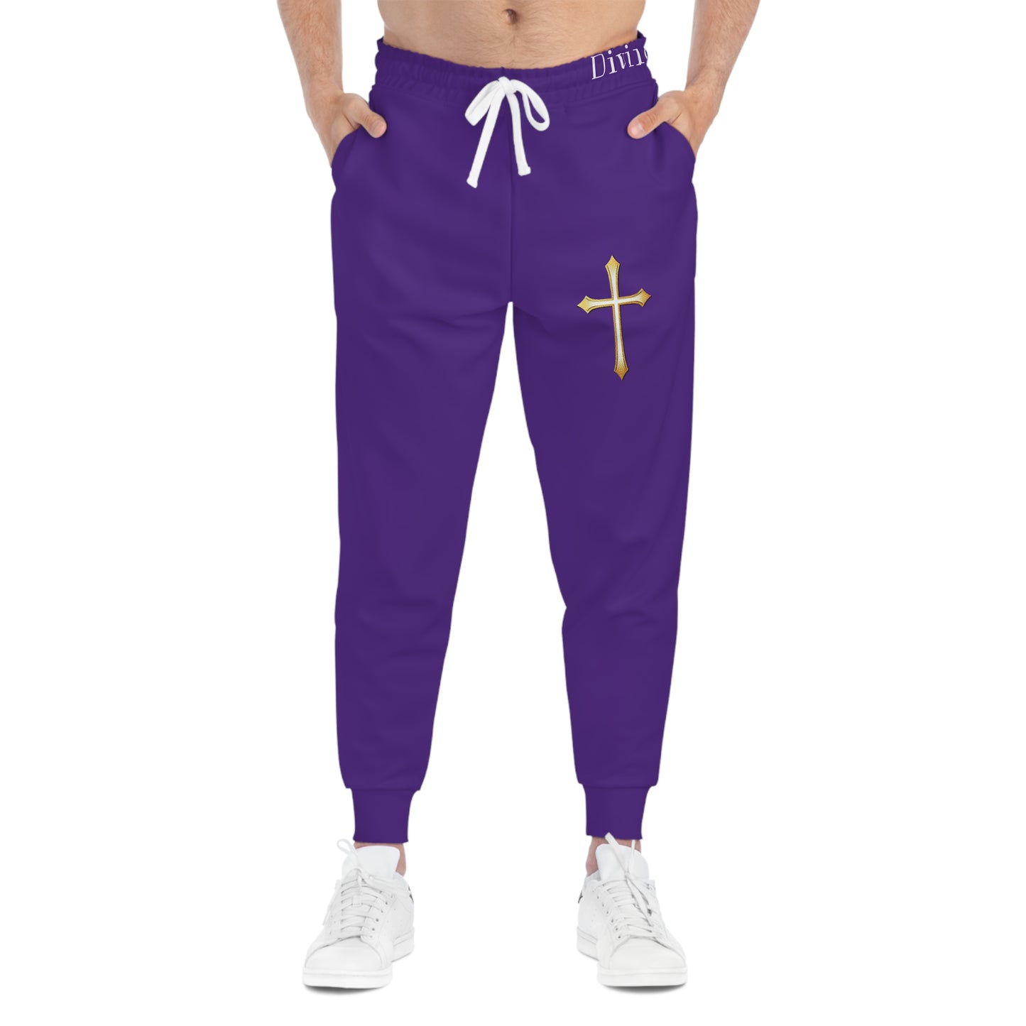Men’s Modern Gold Cross Jogger Pants in Purple – Comfortable Faith-Inspired Style