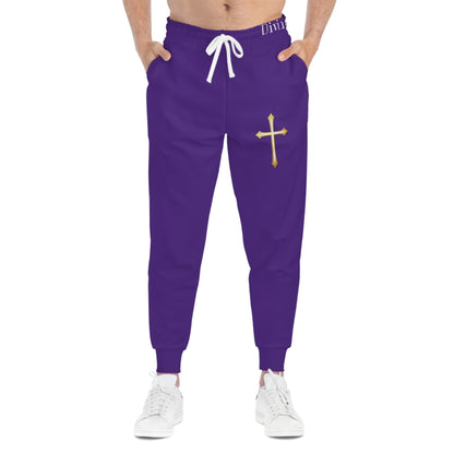 Men’s Modern Gold Cross Jogger Pants in Purple – Comfortable Faith-Inspired Style