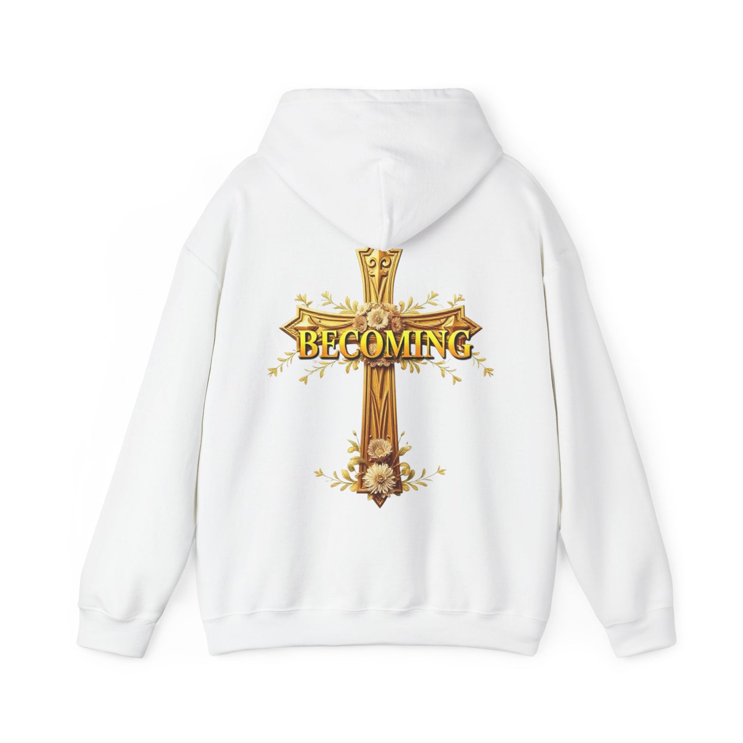 Becoming Women’s Faith Hoodie – Gold Cross Edition (1 Corinthians 15:49)