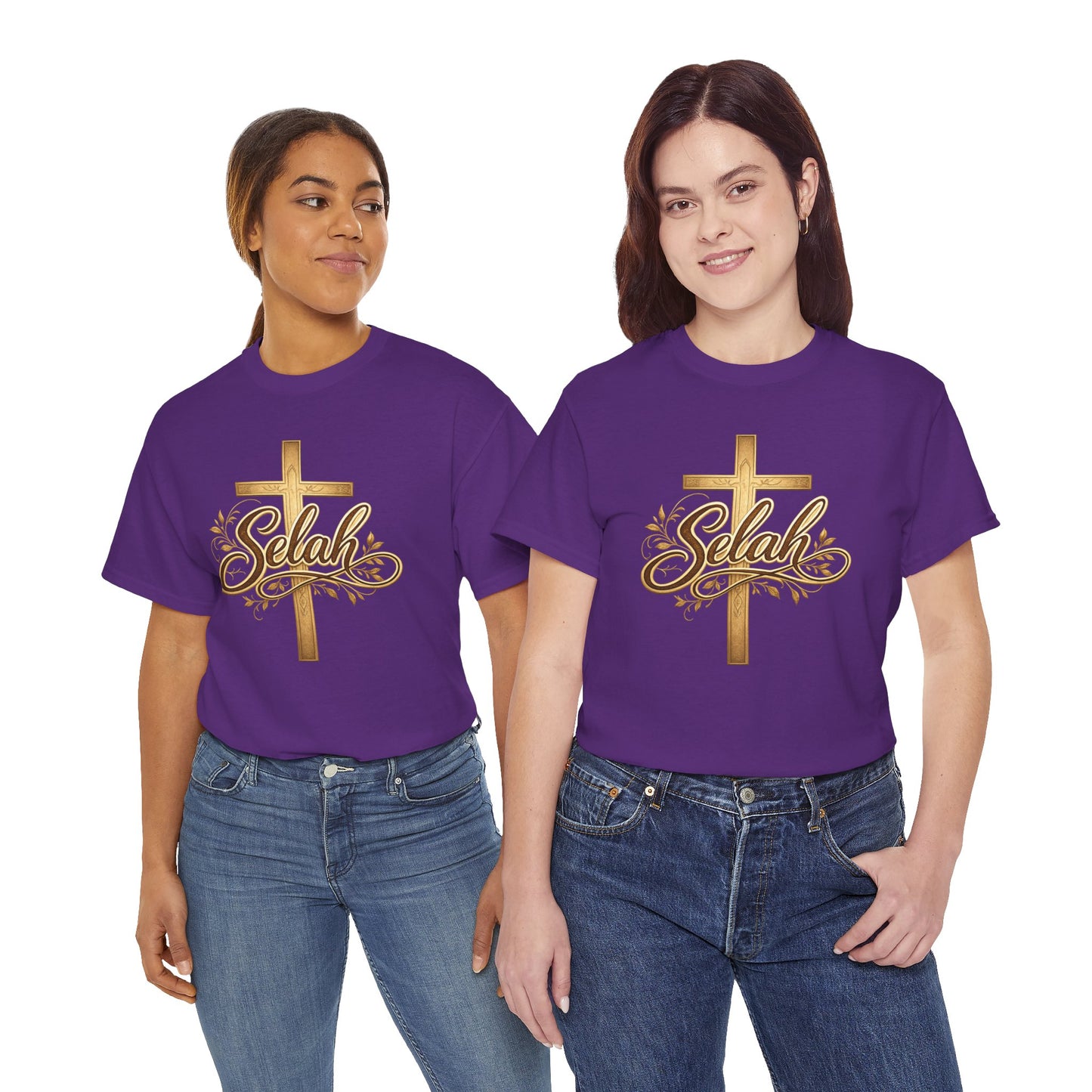 Selah Cross Tee — Women's Christian T‑Shirt with Gold Script