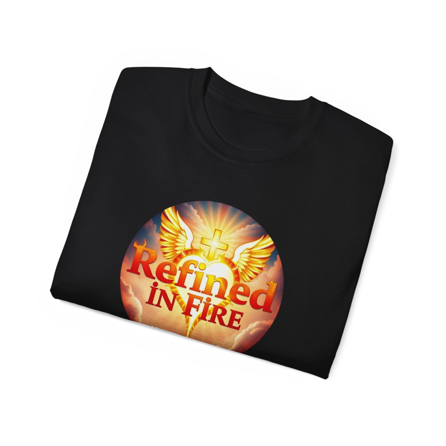 Men’s “Refined in Fire” Christian T-Shirt – Bold Flame Design Faith Tee