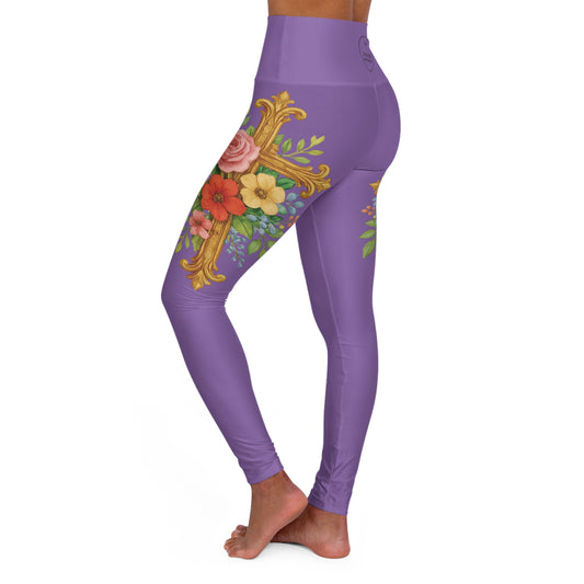Floral Cross Graceful Fit High-Waisted Leggings in Mauve - Christian Women's Apparel