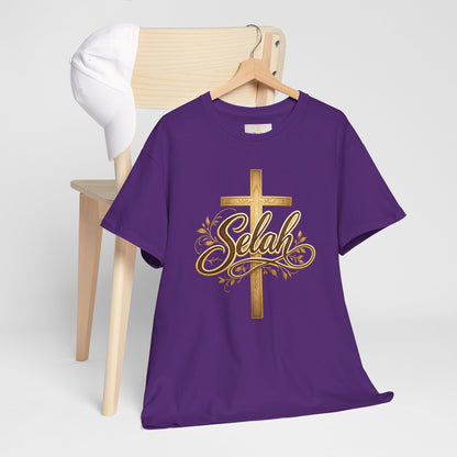 Selah Cross Tee — Women's Christian T‑Shirt with Gold Script