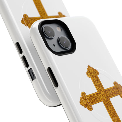 Gold Cross on White Magnetic Tough Case for iPhone – Strength in Faith